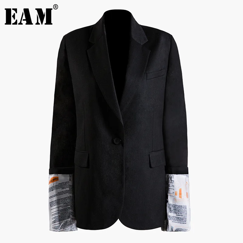 

[EAM] 2019 New Autumn Winter Lapel Long Sleeve Black Letter Pattern Printed Single Button Jacket Women Coat Fashion Tide JQ498