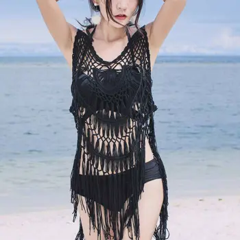 

2019 New Beach Cover Up Bikini Lace Crochet Knitted Tassels Summer Swimsuit Cover Ups Dress Sexy See-through Beachwear
