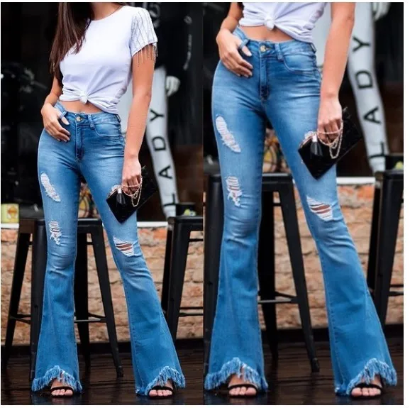 Женские расклешенные джинсовые штаны с рваными дырами, обтягивающие Широкие джинсовые брюки, женские эластичные джинсы Pata Ancha, женские расклешенные брюки