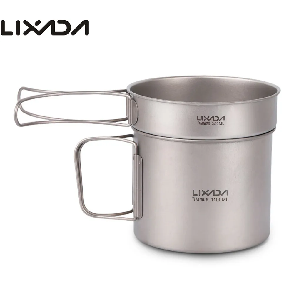 

Lixada Outdoor Camping Cookware Set Titanium Cookset 900/1100ml Pot and 350ml Fry Pan with Folding Handles Camping Tableware