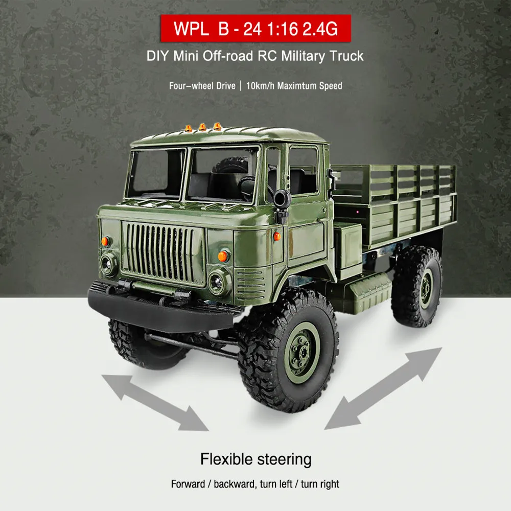 

WPL B - 24 1:16 2.4G DIY Mini Off-road RC Military Truck Four-wheel Drive / 10km/h Maximum Speed