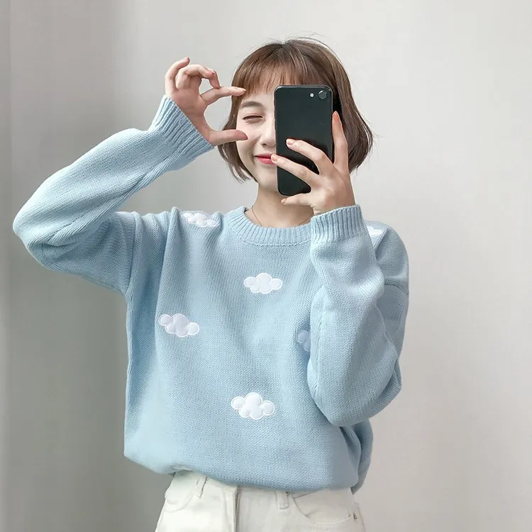 Женский свободный свитер Kawaii Ulzzang с облаками для колледжа, женская одежда Harajuku, корейский милый свитер