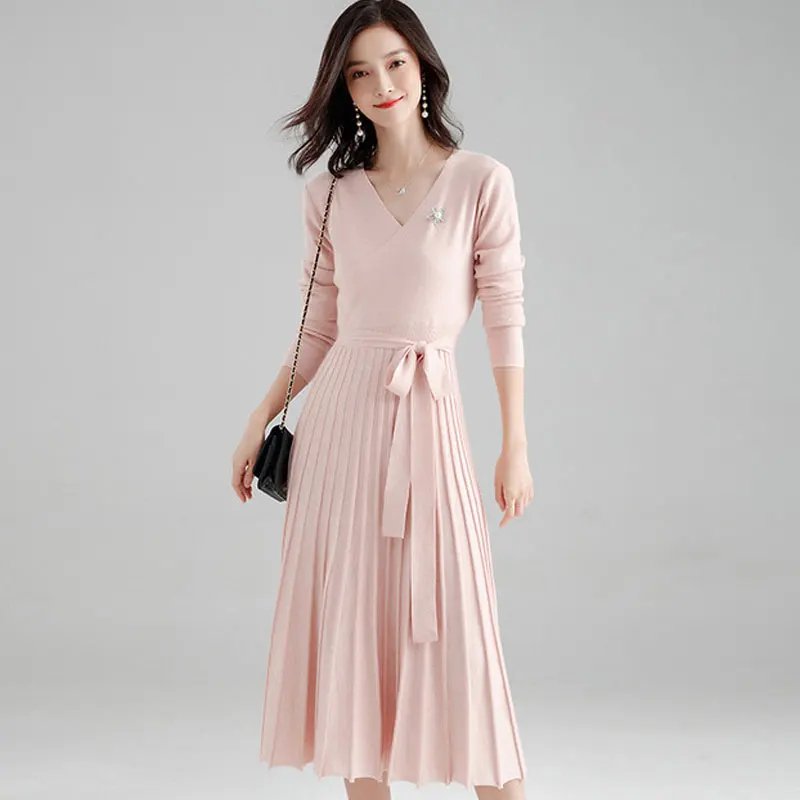 

Women's Knit hem dress sexy V-neck dress temperament Slim pullover sweater dress