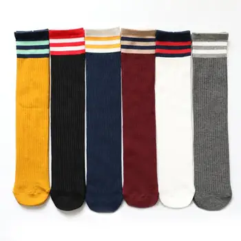 

2 Pairs Children Adult Girls High Socks Parallel Strips Loose Solid Colors Double Needles Knitting Cotton Long Socks Women