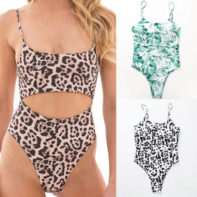 

Summer Women Leopard/Leaf Print Bikini Swimsuit One Piece Bathing Fake Two Pieces High Waist Swimwear Beachwear
