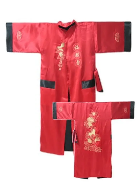 Бургундия черный Реверсивные китайских Для мужчин атласная Двуликий одеяние Вышивка кимоно Ванна платье Дракон один размер S3003