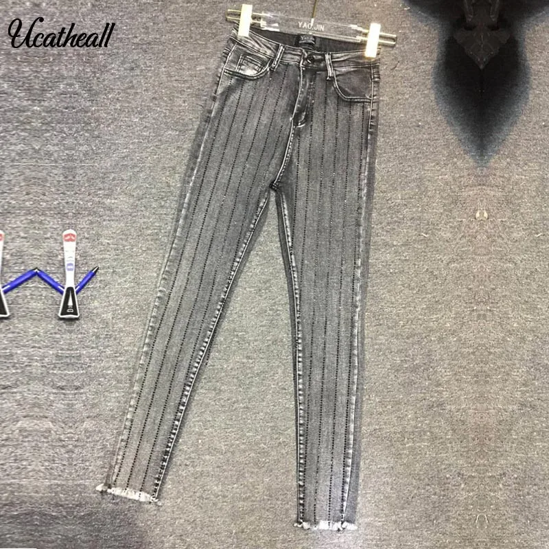 

Elastic Skinny Jeans Woman Hight Waist New Tassel Thin Pencil Pants White Finge Club Wear Long Trousers