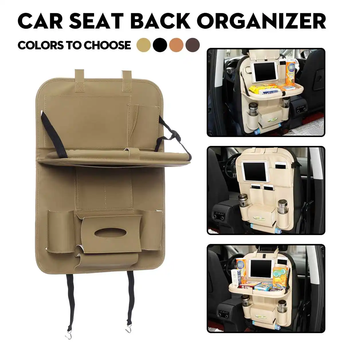 

2019 New Car Seat Back Hanging Organizer Bag Universal Auto Pu Leather Pad Cups Storage Holder Bag Foldable Shelf Car Organizer