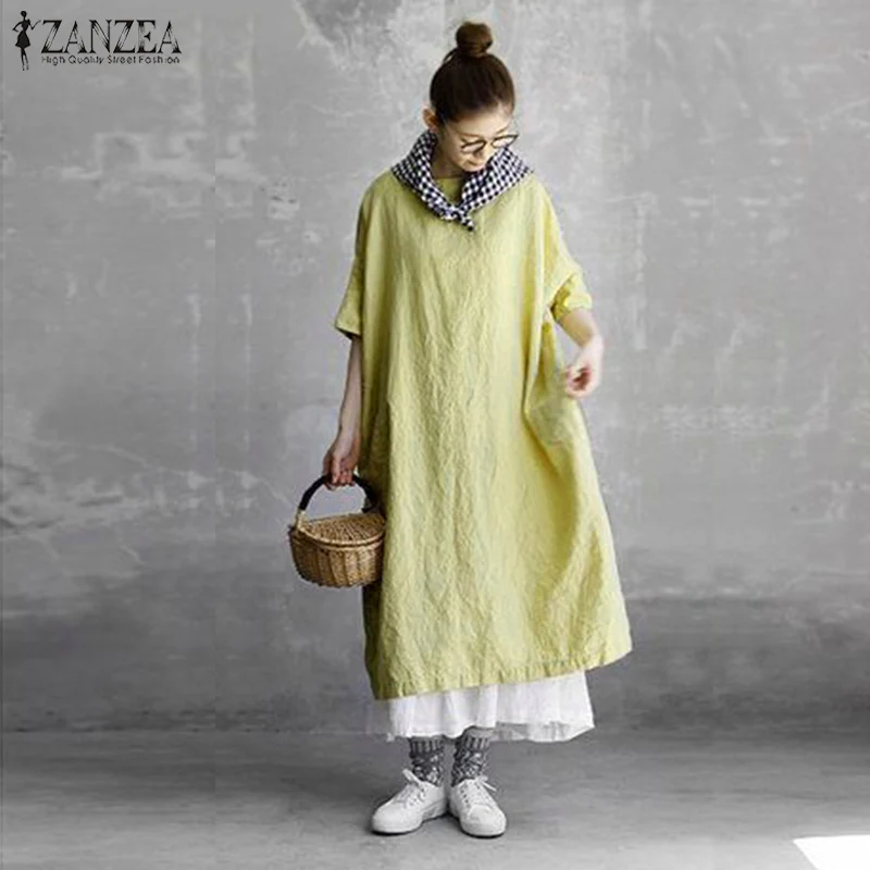 Ceny 2019 ZANZEA kobiety letnia sukienka Vestidos panie bawełna solidne workowate Sundress długa, maksi szata Femme Vintage sukienek Plus rozmiar