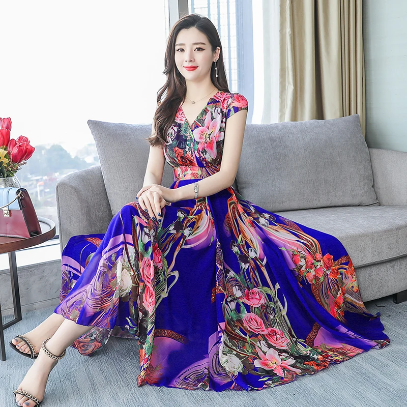 

Blue Red Flower Printed Summer Dress New Women V-neck Bohemia Beach Long Chiffon Dresses Short Sleeve Holiday Clothes