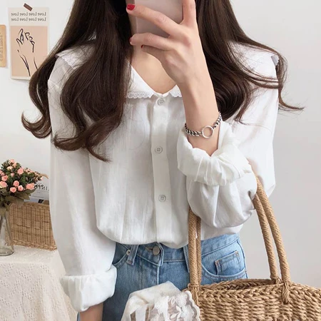  S-XL Spring white femme long Sleeve Patchwork cotton Women Shirts Casual Loose Women cute Blouses F