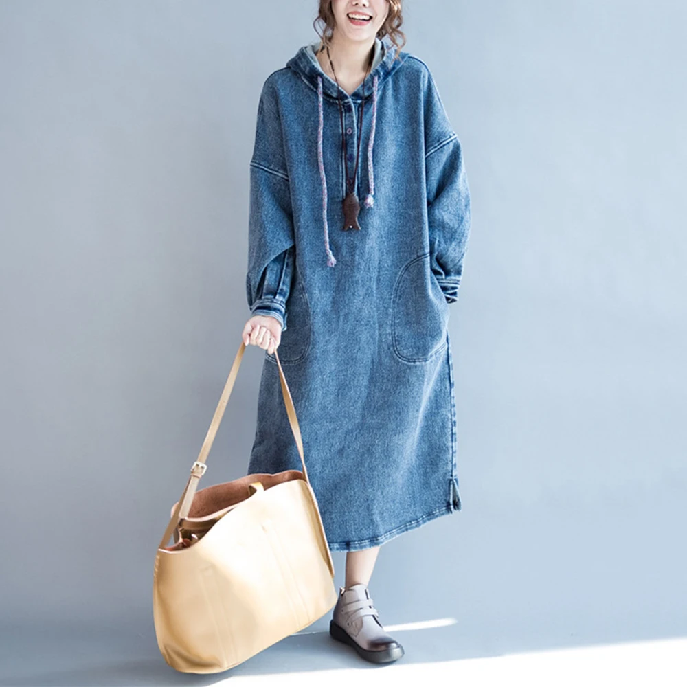 

#2459 Spring Autumn Hoodies Denim Dress Women Long Sleeve Plus Size Vintage Loose Oversize Vintage Jeans Hoodie Dresses Female