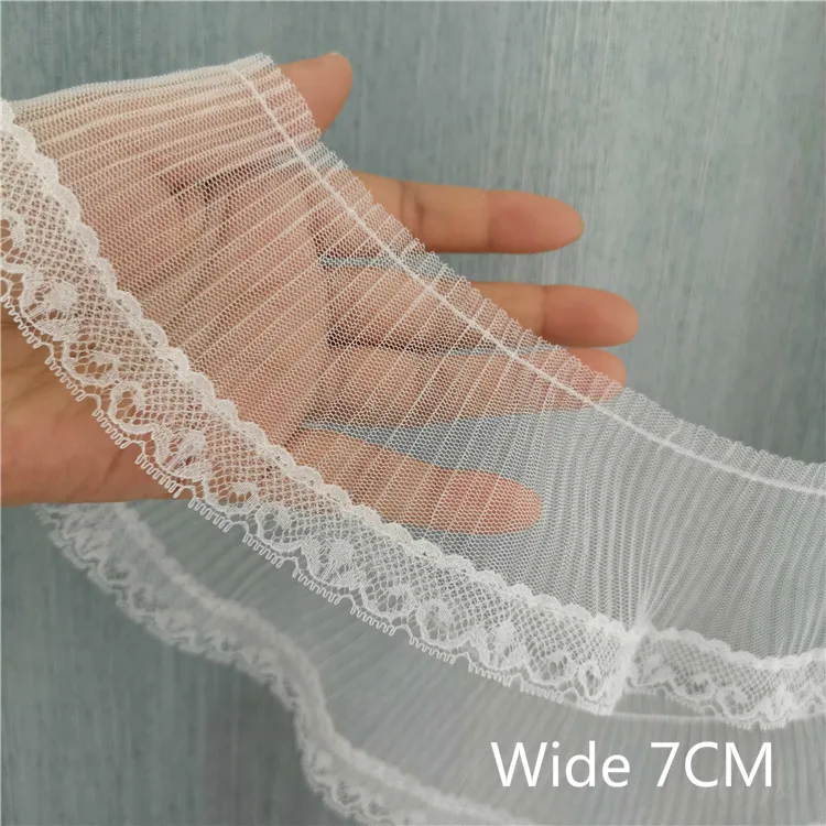 

7cm Wide White Elastic Pleated Mesh Embroidery Lace Dress Collar Applique Folded Sewing Fabric Trim Ribbon Skirt Hem Decoration
