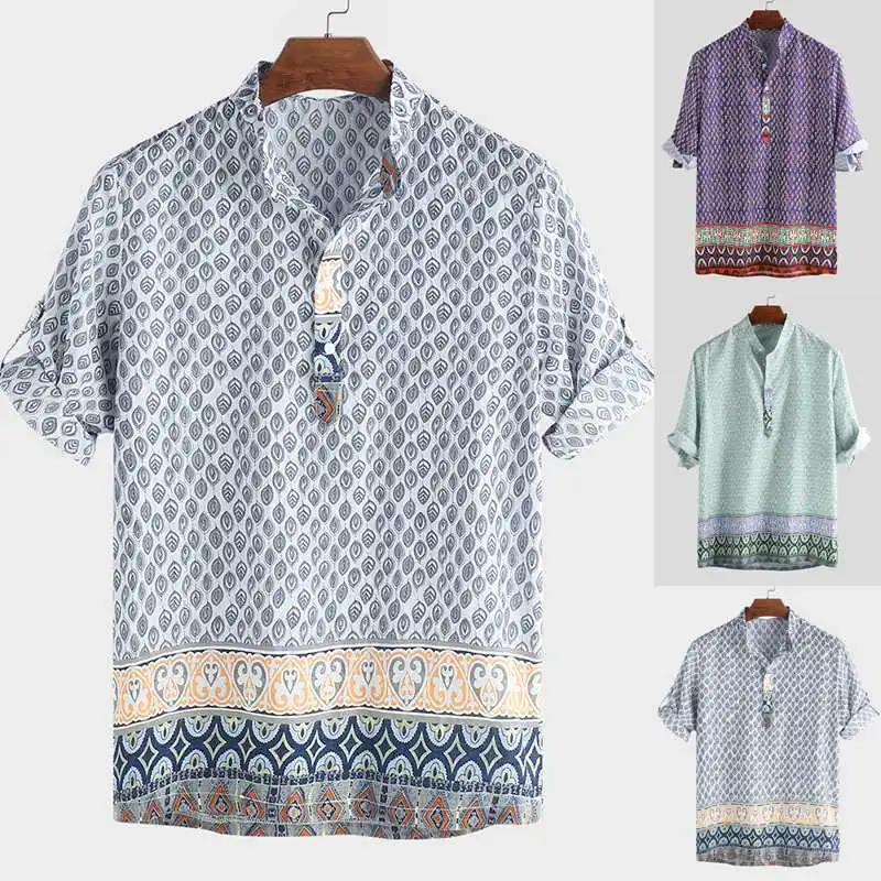 

2019 Ethnic Style Print Mens Shirt Short Sleeve Stand Collar Loose Casual Tops Summer Brand Hawaiian Shirts Men Vintage Camisa