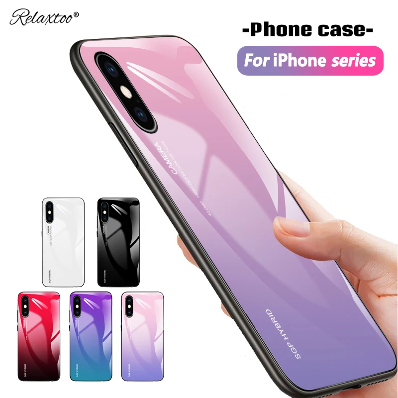 

Gradient tempered glass phone case for iphone x xs max xr 8 7 6 6s plus 5 5s Silicone shell glass Cover xs Colorful Back Coque