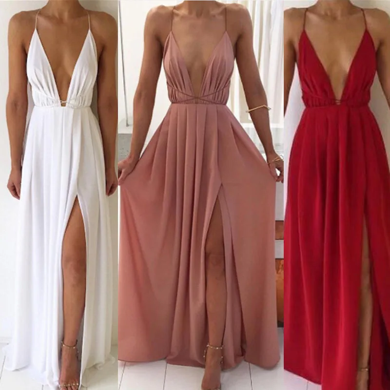 

2019 Women's Summer Fashion Sexy V-neck Low-cut Strap Halter Women's Chiffon dress Bohemian Long Dress vestidos de verano
