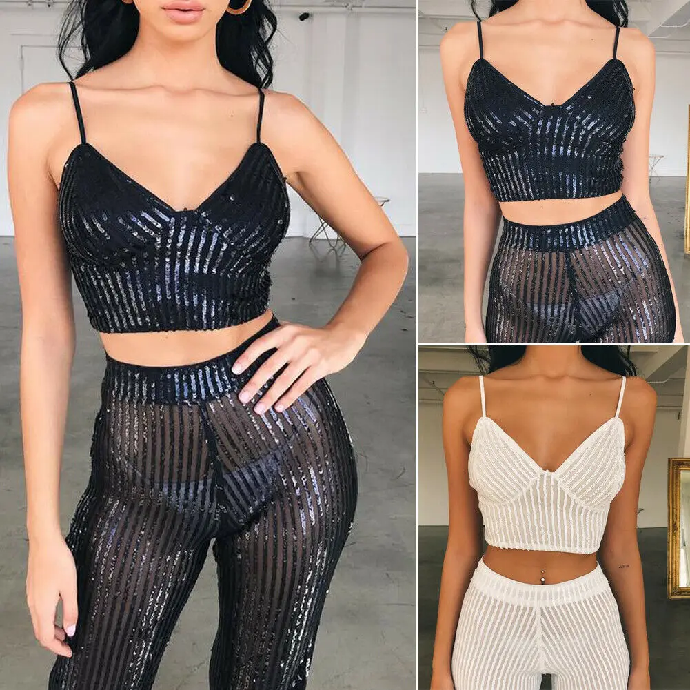 

Sexy Womens V Neck Sequin Slim Sleeveless Tank Top Vest Fitness Crop Top T Shirt
