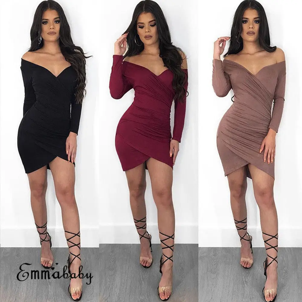 

Sexy Women's Off Shoulder Long Sleeve Bodycon Dress Evening Party Club Clothes Mini Pencil Dress