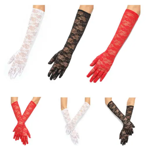 Новая модная женская кружевная Вышивка Длинные перчатки полный палец костюм черный красный белый