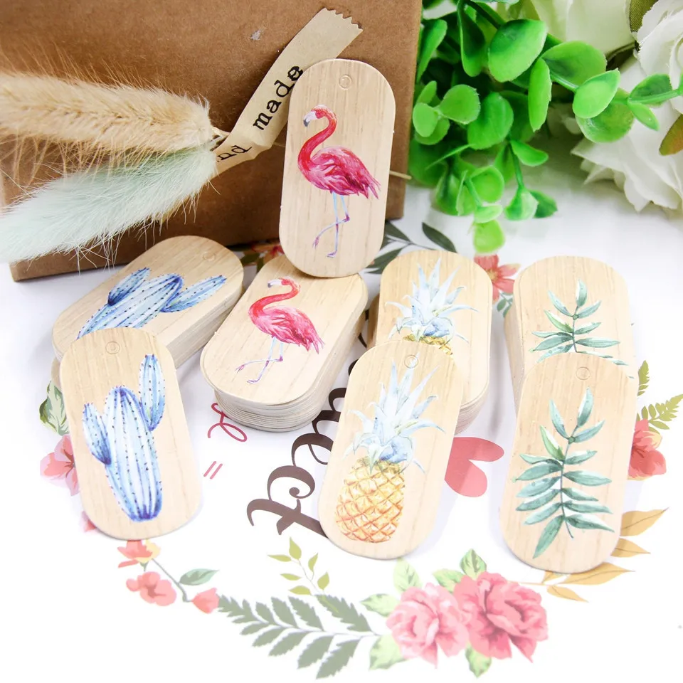 50 шт./лот тематические бумажные бирки с фламинго этикетка из пеньковой веревки