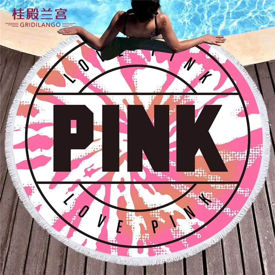 

GRIDILANGO Multicolor Pink Love Pattern Round Beach Towel For Adult Quickly Absorbtable Travel Outdoor Yoga Mat Bath Towel