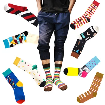 

Hot Warm Colored Striped Dot Men Socks Cotton Print Art Jacquard Casual Men's Crew Socks Drophipping