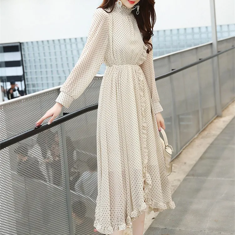 

Women 2019 New A-Line Chiffon Dress Mandarin Collar Vintage Long Sleeve Ruffles Polka Dot Print Dress Casual Mid Party Dresses