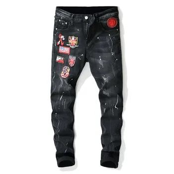 

2019 New Brand Jeans for Men Stretch Slim Fit Badge Splash Biker Jeans Male Casual Hip Hop Retro Skinny Denim Pants