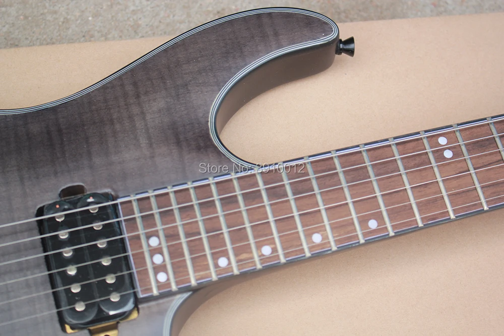 High quality Matte Black Electric Guitar with Strings Thru Body,Flame Maple Veneer,White Dots Fret Inlay free shipping High quality Matte Black Electric Guitar with Strings Thru Body,Flame Maple Veneer,White Dots Fret Inlay free shipping