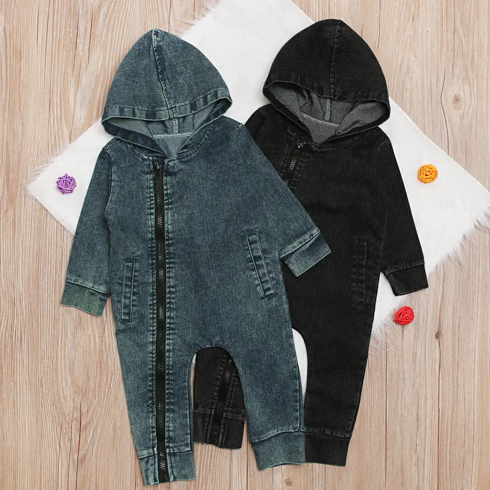 

6M-4Y Kids Infant Newborn Baby Boy Jumpsuit Romper Denim Hoodies Clothes Zipper Outfits Coat