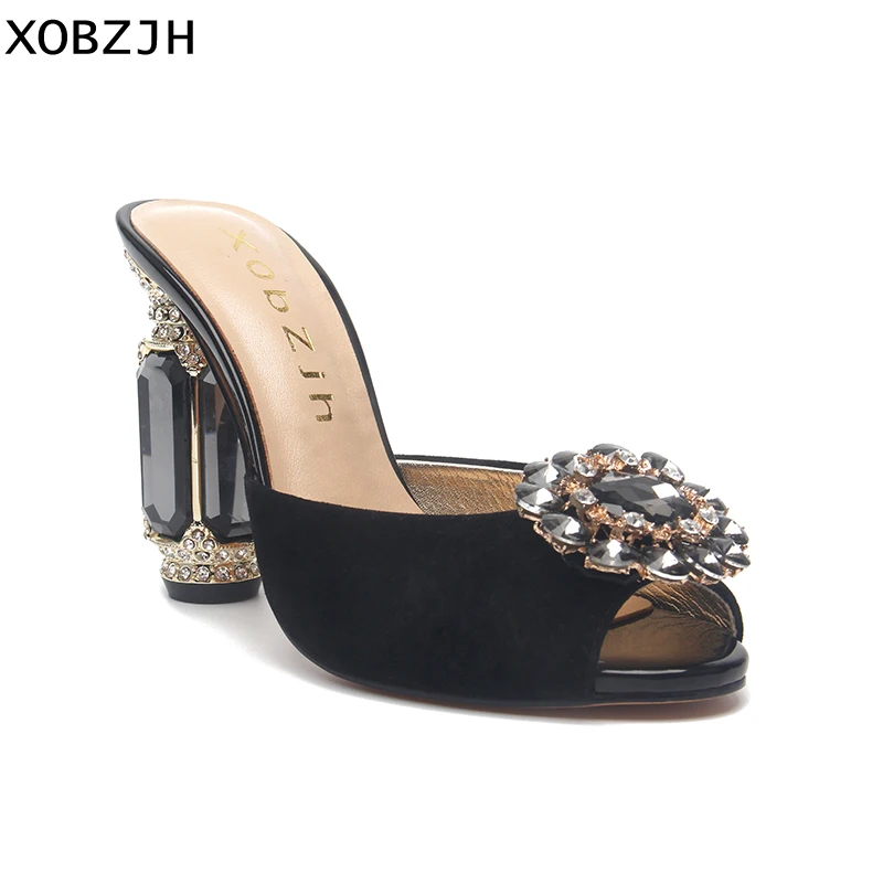 

2019 Genuine Leather Women High Heels Sandals Luxury Ladies Rhinestone Buckle Wedding Patry Shoes Black Open Toe Plus Size Us11