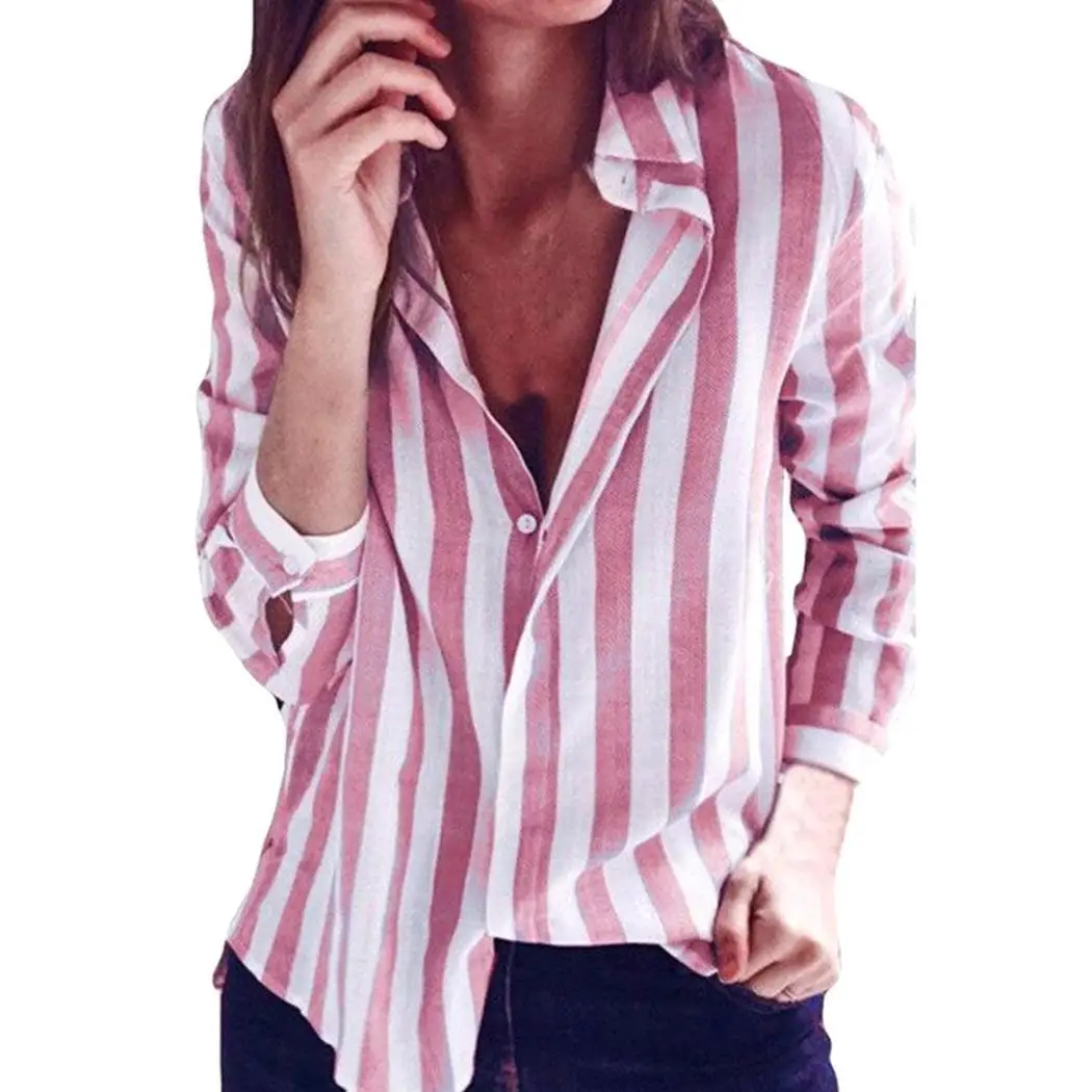 Women Casual Turn-down Collar Long Sleeve Loose Summer Striped Regular Single Breasted Shirt |