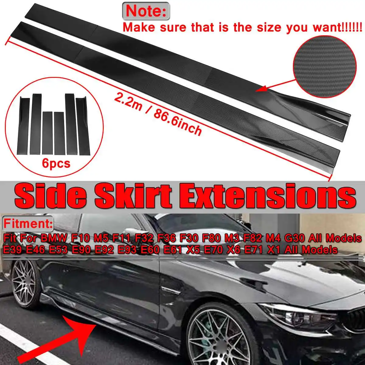 2.2m Carbon Fiber Look Universal Car Side Skirt Winglet Extensions Rocker Splitters For BMW F30 F80 F82 M4 F32 F36 E90 E92 F10 Color : Black 