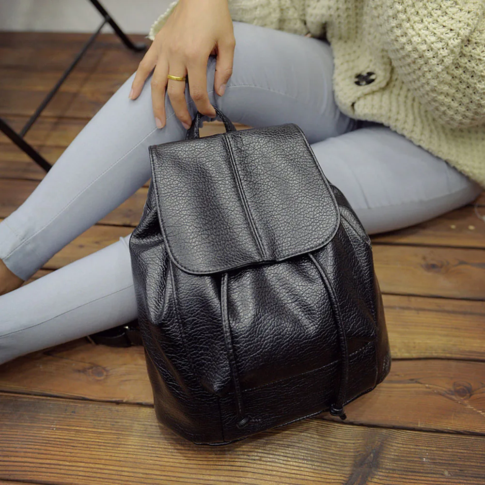 Women Girl Vintage Chic Soft PU Leather Backpack Casual Travel Schoolbag Satchel Black Drawstring Rucksack(Black) Women Girl Vintage Chic Soft PU Leather Backpack Casual Travel Schoolbag Satchel Black Drawstring Rucksack(Black)