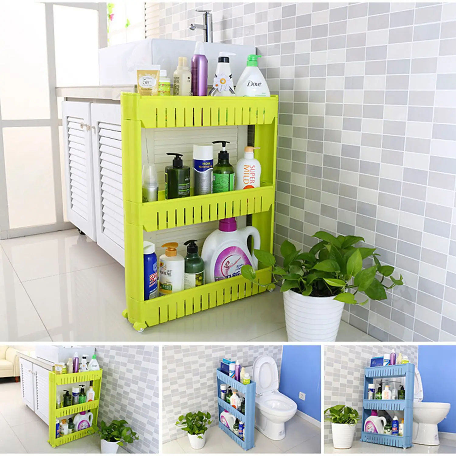 High Quality Gap Storage Shelf For Kitchen Storage Skating Movable Plastic Bathroom Shelf Save Space Three-Layers