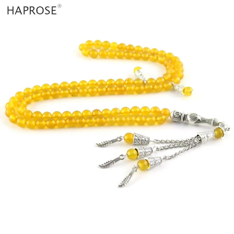 

New Natural Yellow Bracelet Round Rosary Islam Muslim Tesbih Allah Rosary Religious Bracelet Agate Chalcedony 99 Beads Tasbih