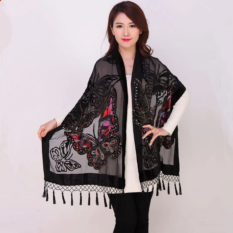 

Chinese Women Velvet Silk Beaded Shawls Vintage Handmade Embroidery Scarves Scarf Long Fringe Pashmina Butterfly Cape Stole