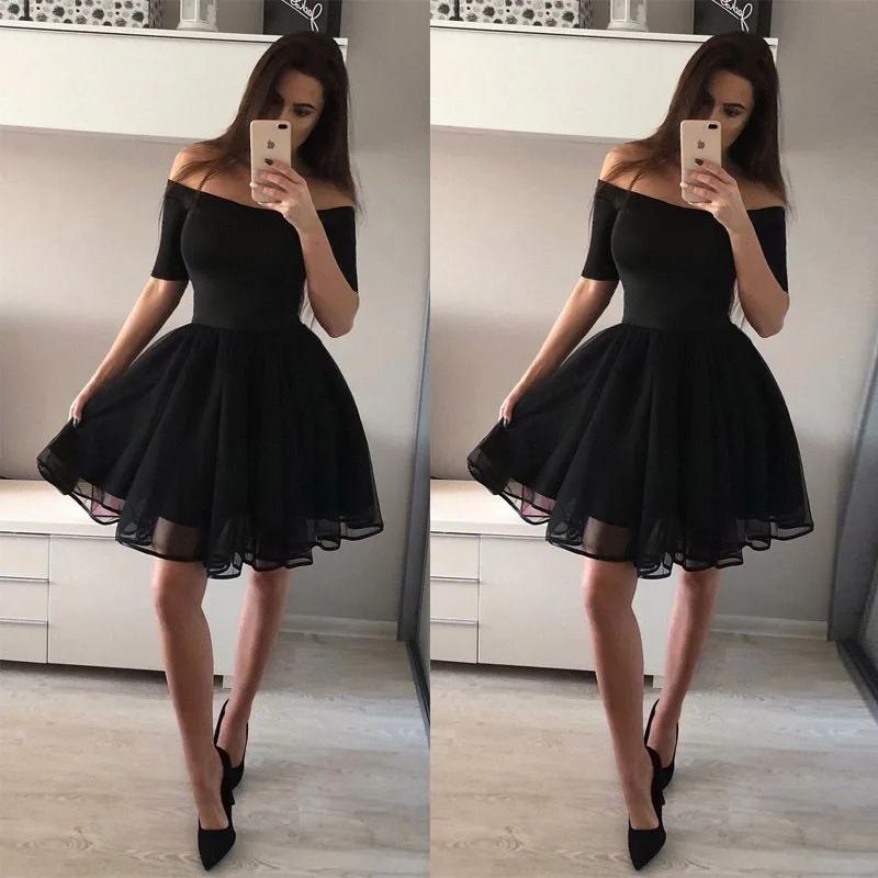 Black Prom Dresses Short Elegant A Line Off Shoulder Short Sleeve Mini ...