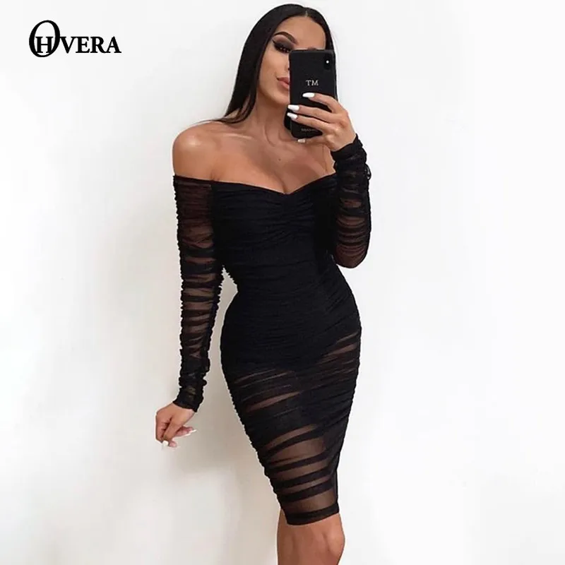 Ohvera, черное Сетчатое платье, женское летнее платье миди с открытыми плечами, прозрачное, перспективное, сексуальное платье для вечеринки, Vestidos
