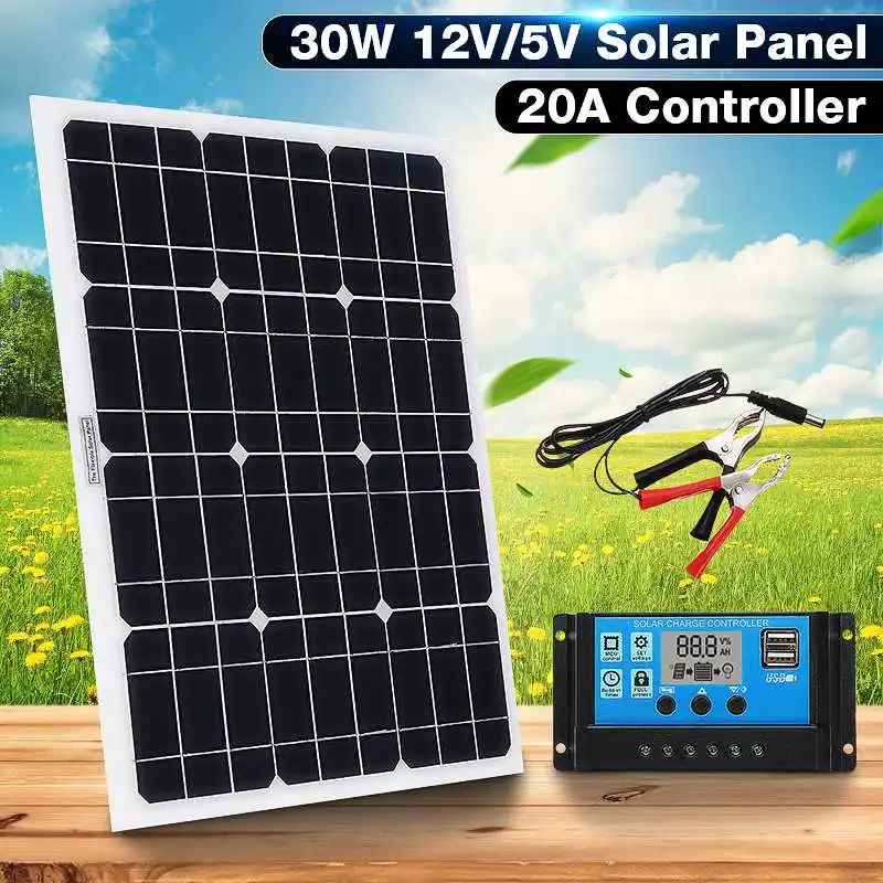

New 3in1 30W 12V/5V DC USB Solar Panel Kit Solar Power System Suit 20A PWM LCD Display Multifunction Controller 30cm DC Cable
