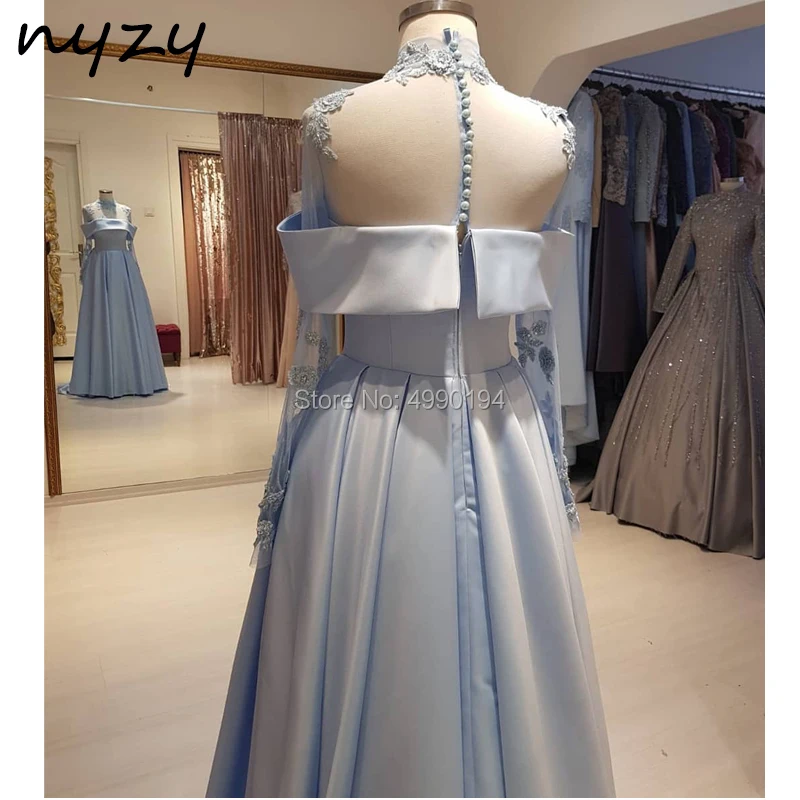 Mega Sale Nyzy Mw21 Robe Soiree Dubai Arabic Evening Dress Elegant Hijab Muslim Long Sleeve Evening Gown Blue Abiye Gelinlik 2019 June 2020