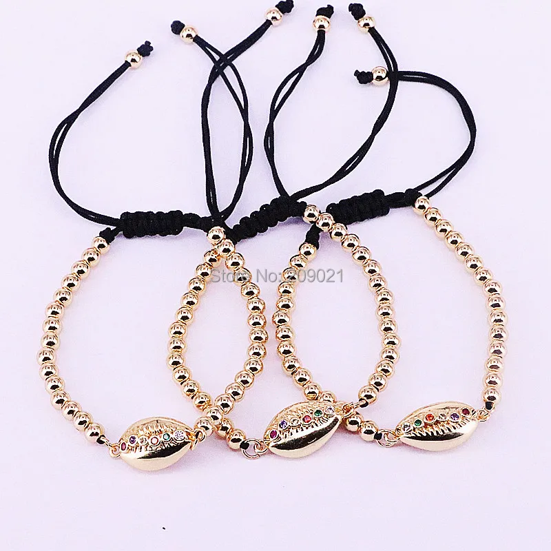 

New 10Pcs Fashion Beading Bracelets Jewelry 4mm Round Bead & Micro Pave CZ Conch Shell Connector Braided Macrame Bracelet Gift