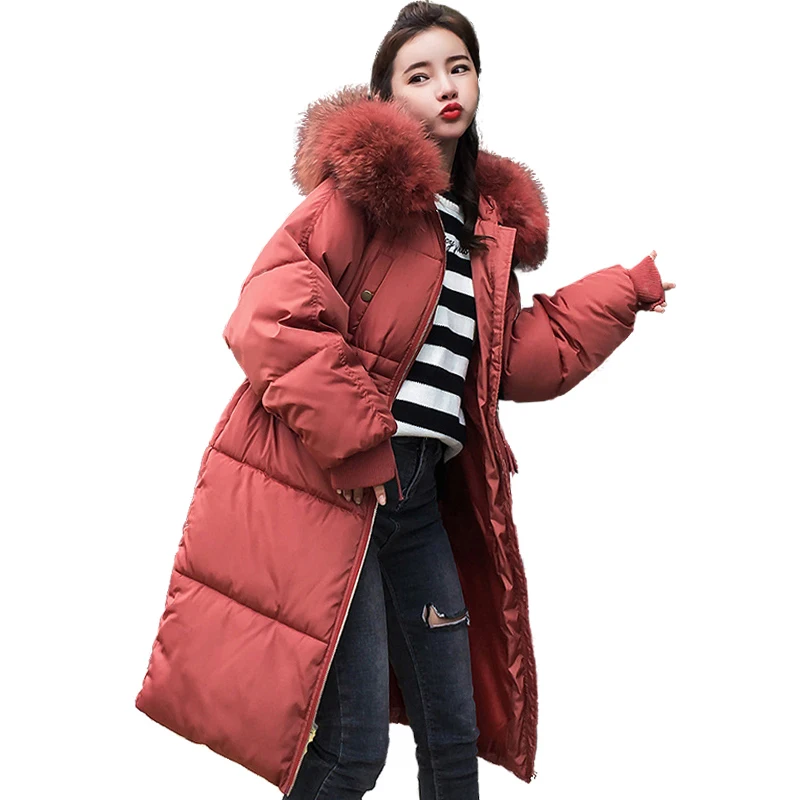 

Women Winter Coat 2018 New Warm Big Fur Hooded Thickening Down Cotton Long Jacket Casual Plus Size Thick Parka Windbreaker PJ219