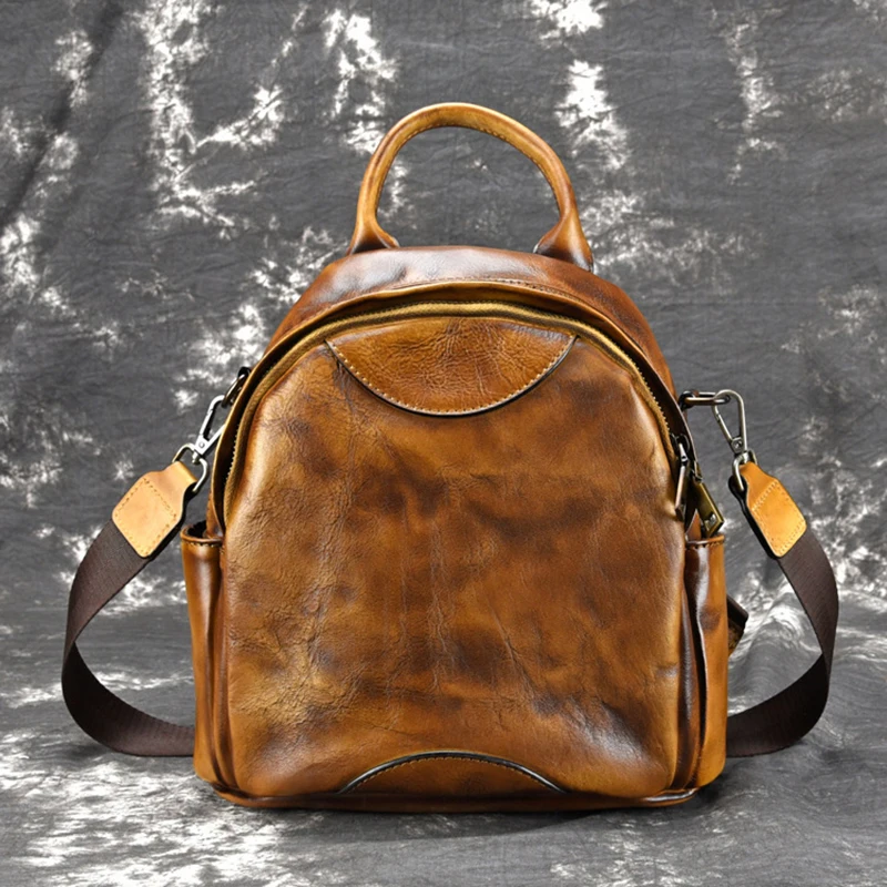 

High Quality Natural Skin School Rucksack Girls Daypack Sling Shoulder Bag Travel Knapsack Retro Women Genuine Leather Backpack
