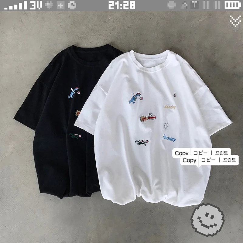 

Summer New T Shirt Men Fashion Cartoon Embroidery Casual Short-sleeved Tshirt Street Trend Wild Hip-hop Loose Cotton T-shirt