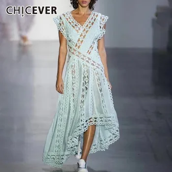 

CHICEVER Hollow Out Lace Patchwork Dress Women V Neck High Waist Floor Length Sleeveless Dresses Elegant Summer 2020 Tide
