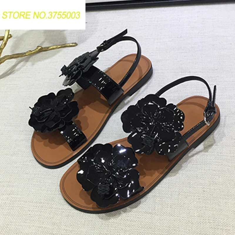 Décor Runwnay Femmes as Verni En Cuir Mode Show As Peep Sandales Starp Appartements Toe D'été Partie Show Fleur Chaussures Boucle Robe wq0Fxnx