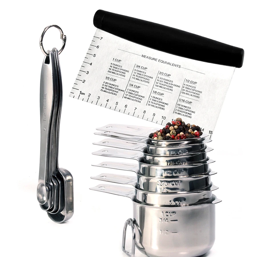 

Measuring Cup & Spoons Set with Stainless Steel Metal Griddle Scraper Chopper- Multipurpose Kitchen Utensil - Commercial Quality