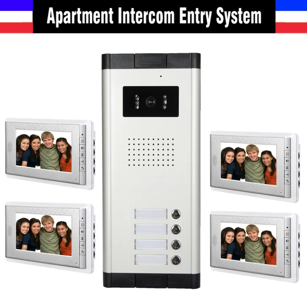 Apartment Intercom System 7 Inch Monitor 4 Unit Apartment Video Door Phone Intercom System Video Doorbell Doorphones for 4 house