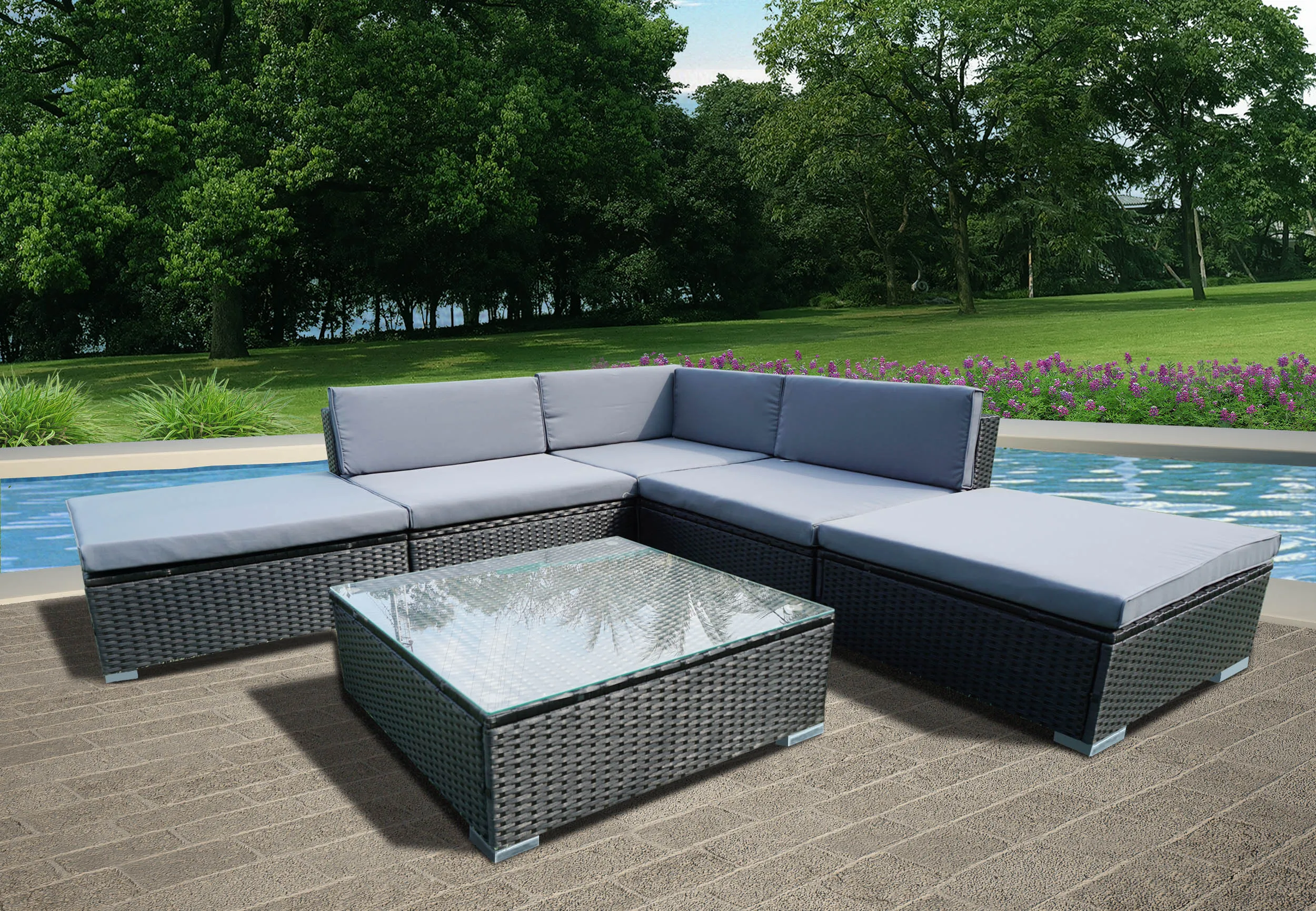 Panana 6PCS Rattan Outdoor Garden Furniture Patio Coffee Table and Corner Sofa Set Ottoman PE Wicker Steel Frame Panana 6PCS Rattan Outdoor Garden Furniture Patio Coffee Table and Corner Sofa Set Ottoman PE Wicker Steel Frame